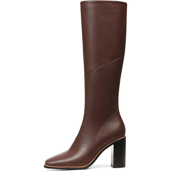 Women’s Polyurethane Brown Square Toe Chunky Block Heel Leather Zip Up Boot - Picture 3 of 7